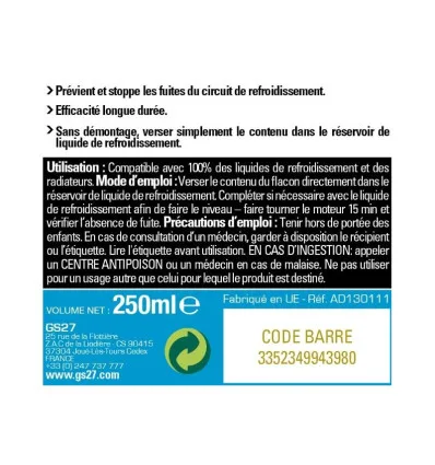 Stop fuite radiateur additif refroidissement GS27