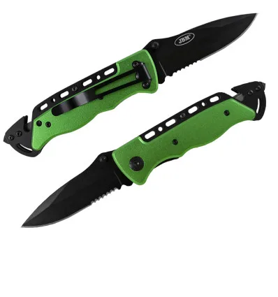Knife with seat belt cutter and glass breaker tip